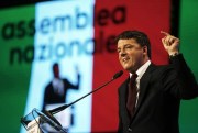 Matteo Renzi, the former Italian prime minister and newly re-elected head of the Democratic Party, delivers an address during the party's national assembly, Rome, May 7, 2017 (ANSA photo by Riccardo Antimiani via AP).