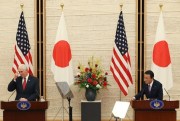 U.S. Vice President Mike Pence and Japanese Deputy Prime Minister and Finance Minister Taro Aso during their joint press conference at the prime minister's office, Tokyo, April 18, 2017 (AP photo by Eugene Hoshiko).