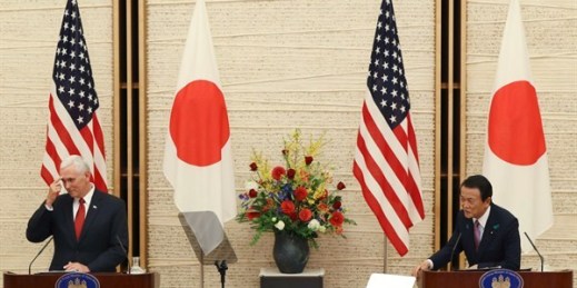 U.S. Vice President Mike Pence and Japanese Deputy Prime Minister and Finance Minister Taro Aso during their joint press conference at the prime minister's office, Tokyo, April 18, 2017 (AP photo by Eugene Hoshiko).