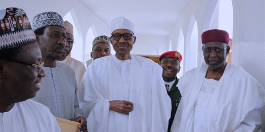 Nigerian President Muhammadu Buhari, center, with government officials after Friday prayers at the presidential palace, Abuja, Nigeria, May 5, 2017 (Nigeria State House photo by Sunday Aghaeze via AP).