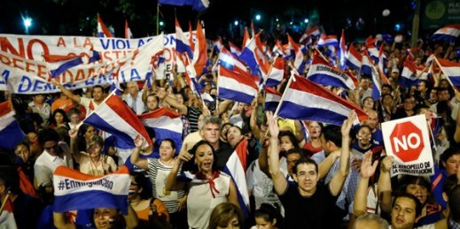 A protest against the plans by President Horacio Cartes and his supporters to change Paraguay's constitution to allow for the re-election of former presidents, Asuncion, March 30, 2017 (AP photo by Jorge Saenz).