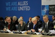 Turkish President Recep Tayyip Erdogan, British Prime Minister Theresa May, U.S. President Donald Trump and NATO Secretary General Jens Stoltenberg during a meeting at NATO’s headquarters, Brussels, May 25, 2017 (AP photo by Matt Dunham).
