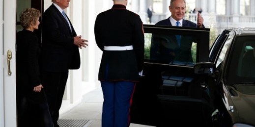 Israel's prime minister, Benjamin Netanyahu, is escorted to his car by President Donald Trump as he leaves the West Wing of the White House in Washington, Feb. 15, 2017 (AP photo by Carolyn Kaster).