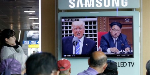 A TV screen at Seoul Station shows images of U.S. President Donald Trump and North Korean leader Kim Jong Un, Seoul, South Korea, May 2, 2017 (AP Photo by Ahn Young-joon).