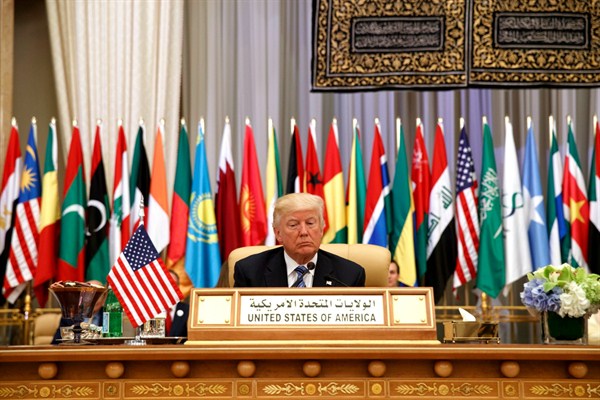 President Donald Trump delivers a speech to the Arab Islamic American Summit, at the King Abdulaziz Conference Center, May 21, 2017, Riyadh, Saudi Arabia (AP photo by Evan Vucci).