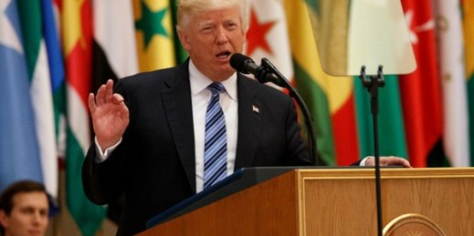 President Donald Trump delivers a speech to the Arab Islamic American Summit, at the King Abdulaziz Conference Center, Riyadh, Saudi Arabia, May 21, 2017 (AP photo by Evan Vucci).