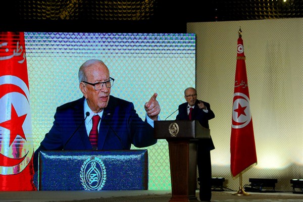 Tunisian President Beji Caid Essebsi delivers a speech, Tunis, May 10, 2017 (AP photo by Hassene Dridi).