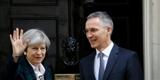British Prime Minister Theresa May welcomes NATO Secretary General Jens Stoltenberg at 10 Downing Street, London, May 10, 2017 (AP photo by Frank Augstein).