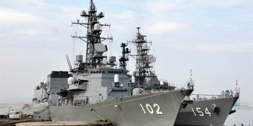 Two Japan Self-Defense Forces destroyers anchored at the Port of Djibouti, during a break in an antipiracy mission in the waters off Somalia, Jan. 19, 2015 (Kyodo photo via AP).