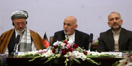 Afghanistan’s president, Ashraf Ghani, center, speaks during a peace conference at the Presidential Palace, Kabul, June 6, 2017 (AP photo by Rahmat Gul).