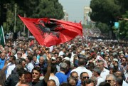 A protest by supporters of Albania’s main opposition party demanding a caretaker Cabinet to take the country to parliamentary elections, May 13, 2017 (AP photo by Hektor Pustina).
