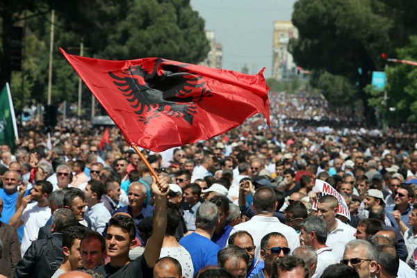 A protest by supporters of Albania’s main opposition party demanding a caretaker Cabinet to take the country to parliamentary elections, May 13, 2017 (AP photo by Hektor Pustina).
