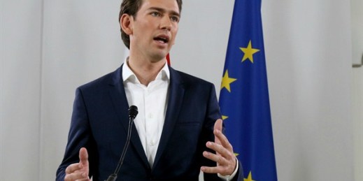 Austrian Foreign Minister Sebastian Kurz speaks at a news conference after a meeting of the Austrian People's Party, Vienna, Austria, May 14, 2017 (AP photo by Ronald Zak).