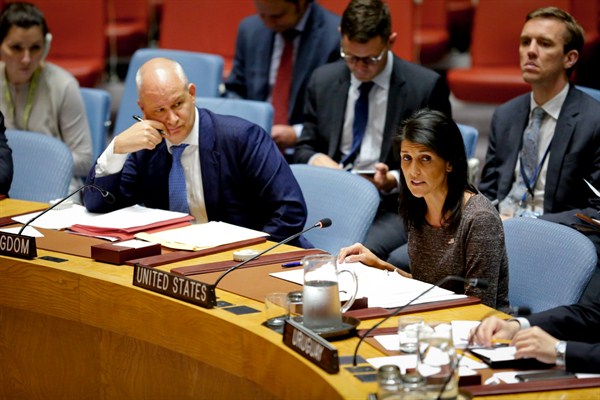 U.S. Ambassador to the United Nations Nikki Haley addresses the Security Council after a vote to sanction North Korea, New York, June 2, 2017 (AP photo by Bebeto Matthews).