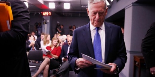 Defense Secretary James Mattis looks over his notes before a news conference at the Pentagon to give an update on the Islamic State group, Washington, May 19, 2017 (AP photo by Jacquelyn Martin).