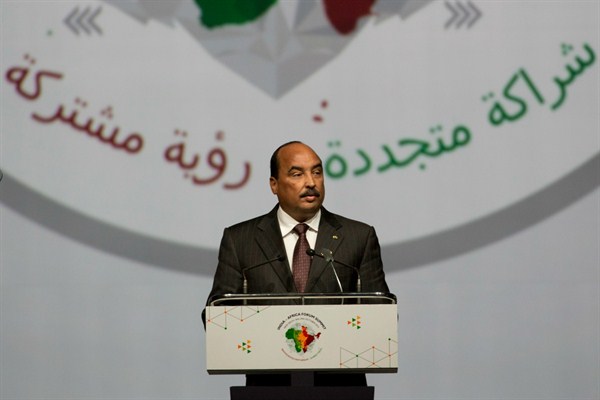 Mauritanian President Mohamed Ould Abdel Aziz speaks during the India-Africa Forum Summit, New Delhi, India, Oct. 29, 2015 (AP photo by Bernat Armangue).
