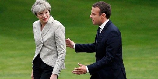British Prime Minister Theresa May and French President Emmanuel Macron leave a joint press conference at the Elysee palace, Paris, June 13, 2017 (AP photo by Thibault Camus).