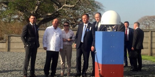 The head of Russia’s space agency, Igor Komarov, center, attends the launch of Russia’s Glonass monitoring station in Managua, Nicaragua (Roscosmos via AP).