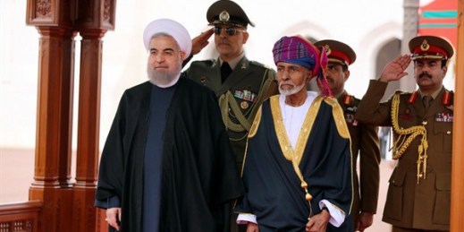 Iranian President Hassan Rouhani, left, is welcomed by Omani Sultan Qaboos at the start of his visit, Muscat, Oman, Feb. 15, 2017 (Iranian Presidency Office photo via AP).