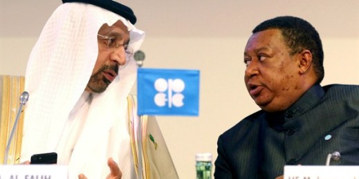 Khalid Al-Falih, Saudi Arabia’s energy minister, and Mohammad Sanusi Barkindo, the Nigerian secretary-general of OPEC, attend an OPEC meeting, Vienna, Austria, May 25, 2017 (AP photo by Ronald Zak).