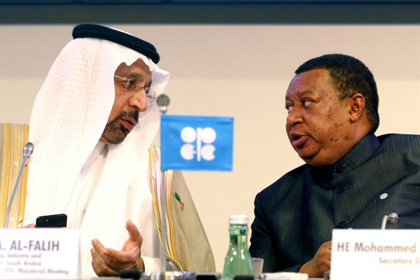 Khalid Al-Falih, Saudi Arabia’s energy minister, and Mohammad Sanusi Barkindo, the Nigerian secretary-general of OPEC, attend an OPEC meeting, Vienna, Austria, May 25, 2017 (AP photo by Ronald Zak).