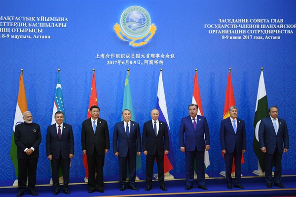 The expanded meeting of the Council of Heads of State of the Shanghai Cooperation Organization (SCO), Astana, Kazakhstan, June 9, 2017 (Sputnik photo by Vladimir Astapkovich via AP).
