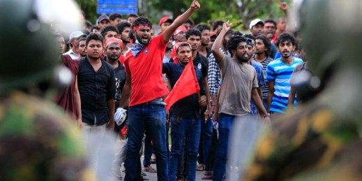 Sri Lankan university students shout anti-government slogans during a protest, Colombo, Sri Lanka, May 17, 2017 (AP photo by Eranga Jayawardena).