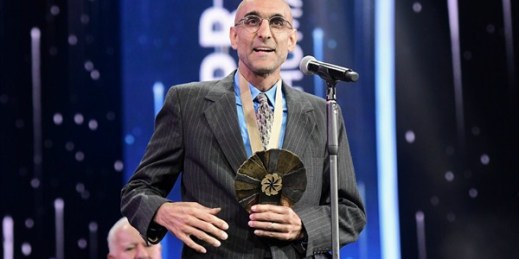 Dr. Tom Catena, who is stationed in Sudan’s Nuba Mountains, accepts the 2017 Aurora Prize for Awakening Humanity, Yerevan, Armenia, May 28, 2017 (Aurora Prize photo).