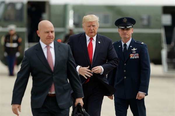 President Donald Trump walks with National Security Adviser H.R. McMaster to board Air Force One at Andrews Air Force Base, Maryland, June 16, 2017 (AP photo by Evan Vucci).