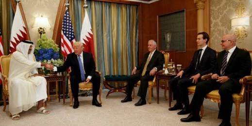 Donald Trump shakes hands with Qatar’s Emir Sheikh Tamim bin Hamad Al Thani during a bilateral meeting as Rex Tillerson, Jared Kushner and H.R. McMaster look on, Riyadh, May 21, 2017 (AP photo by Evan Vucci).