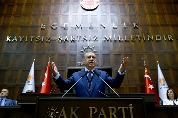 Turkish President Recep Tayyip Erdogan addresses members of the ruling Justice and Development Party, Ankara, June 13, 2017 (Pool photo via AP).