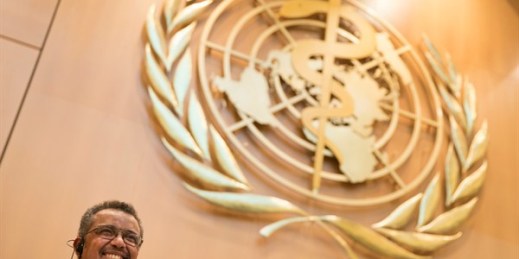 Tedros Adhanom Ghebreyesus, the new director-general of the World Health Organization, during the 70th World Health Assembly, Geneva, Switzerland, May 23, 2017 (Keystone photo by Valentin Flauraud via AP).