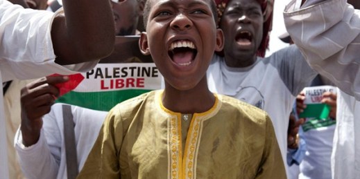 A child shouts during a rally protesting Israel’s military operations in Gaza, Dakar, Senegal, July 25, 2014 (AP photo by Jane Hahn).