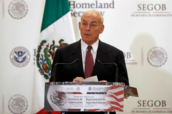 U.S. Homeland Security Secretary John Kelly speaks during an appearance with Mexican Interior Secretary Miguel Angel Osorio Chong in Mexico City, July 7, 2017 (AP photo by Eduardo Verdugo).