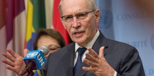 Edmond Mulet, the head of the U.N. mechanism charged with reviewing chemical weapons incidents, addresses the press at U.N. headquarters, New York, July 6, 2017 (Sipa via AP Images).