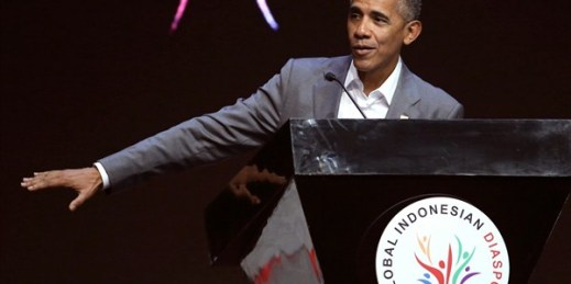 Former U.S. President Barack Obama delivers a speech during the Fourth Congress of Indonesian Diaspora, Jakarta, Indonesia, July 1, 2017 (AP photo by Achmad Ibrahim).