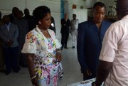 Republic of Congo President Denis Sassou Nguesso stands with his wife, Antoinette, as they cast their ballots, Brazzaville, Republic of Congo, March 20, 2016 (AP photo by John Bompengo).