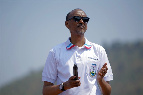 Rwandan President Paul Kagame addresses supporters at an election campaign rally in the Nyabugogo area of Kigali, July 19, 2017 (AP photo by Eric Murinzi).