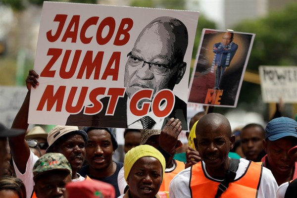 Demonstrators protest against South African President Jacob Zuma, Pretoria, South Africa, April 7, 2017 (AP photo by Themba Hadebe).