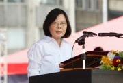 Taiwanese President Tsai Ing-wen delivers a speech during an offshore anti-terrorism drill outside Keelung harbor, New Taipei City, June 10, 2017 (AP photo by Chiang Ying-ying).