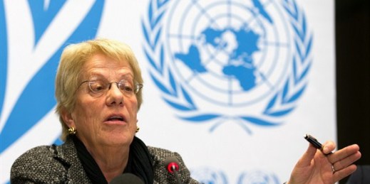 Carla del Ponte, who recently resigned her post from the commission of inquiry on Syria, presents report findings during a press conference, Geneva, Switzerland, Feb. 18, 2013 (Salvatore Di Nolfi for Keystone via AP).