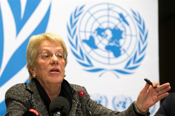 Carla del Ponte, who recently resigned her post from the commission of inquiry on Syria, presents report findings during a press conference, Geneva, Switzerland, Feb. 18, 2013 (Salvatore Di Nolfi for Keystone via AP).