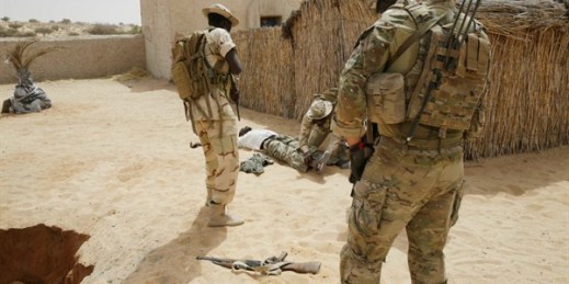 Chadian and Nigerian troops along with a U.S. special forces soldier participate in a hostage rescue exercise, Mao, Chad, March 7, 2015 (AP photo by Jerome Delay).