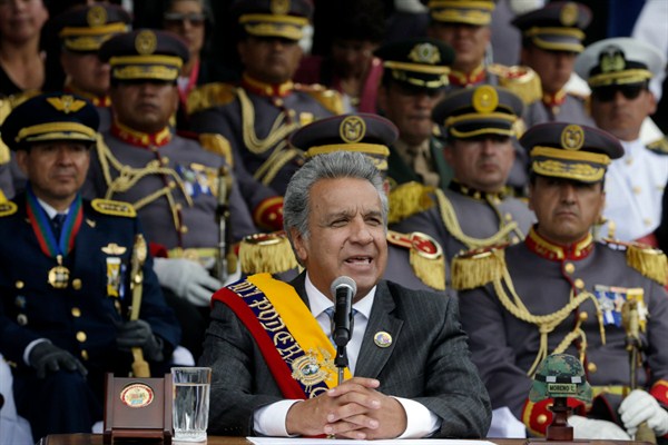 Ecuador’s president, Lenin Moreno, during a military ceremony marking Independence Day, Quito, Aug. 10, 2017 (AP photo by Dolores Ochoa).