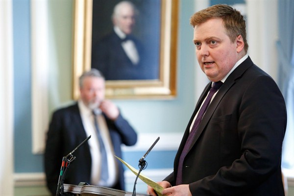 Former Icelandic Prime Minister Sigmundur David Gunnlaugsson speaks during a parliamentary session, Reykjavik, Iceland, April 4, 2016 (AP photo by Brynjar Gunnarsson).