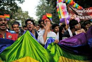 Indian gay rights activists and their supporters march during a gay pride parade in New Delhi, Nov. 27, 2016 (AP photo by Tsering Topgyal).