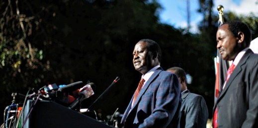 Kenyan opposition leader Raila Odinga announces plans to challenge the results of last week’s election in court, Nairobi, Kenya, Aug. 16, 2017 (AP photo by Ben Curtis).