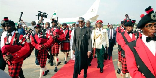 Nigerian President Muhammadu Buhari after his arrival at the airport in Abuja, Nigeria, Aug. 19, 2017 (Photo by Sunday Aghaeze for Nigeria State House via AP).
