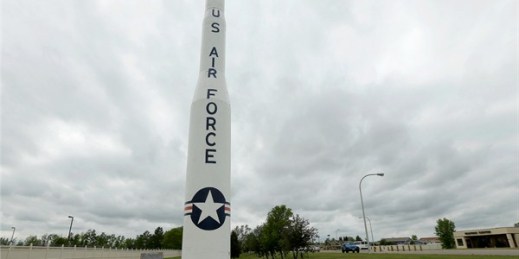 A retired Minuteman 1 ballistic missile at the entrance to Minot Air Force Base in North Dakota. In 1971, the Minuteman 1 was replaced by the Minuteman 3, which forms the foundation of the U.S. nuclear defense strategy (AP photo by Charlie Riedel).
