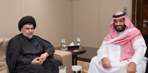 A photo released by the Saudi Press Agency on July 30 shows Shiite cleric Muqtada al-Sadr meeting with Saudi Crown Prince Mohammed bin Salman in Jeddah, Saudi Arabia (Saudi Press Agency via AP).